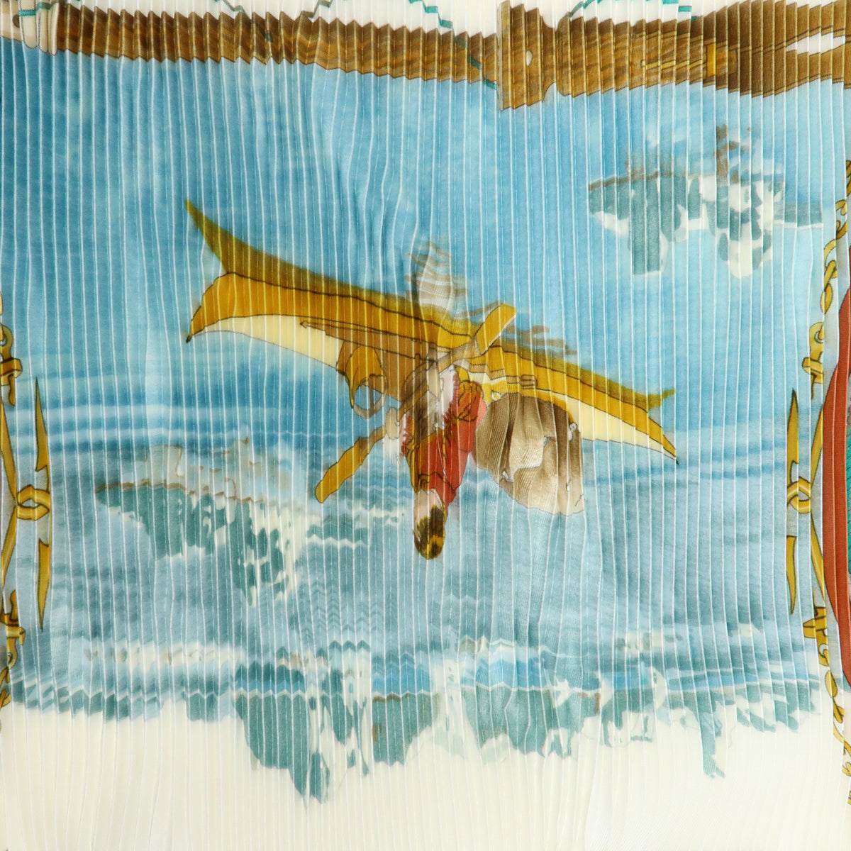 HERMES Silk100% Pleated Carre Scarf GRONLAND Brown Light Blue