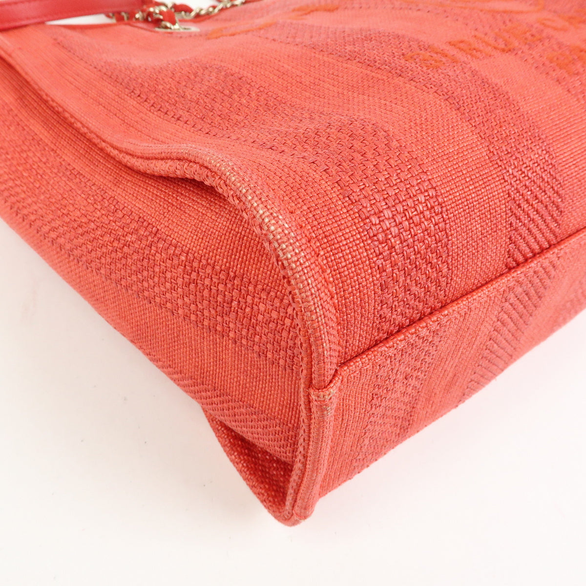 CHANEL Deauville MM Straw Canvas Leather Tote Shoulder Bag Red A67001