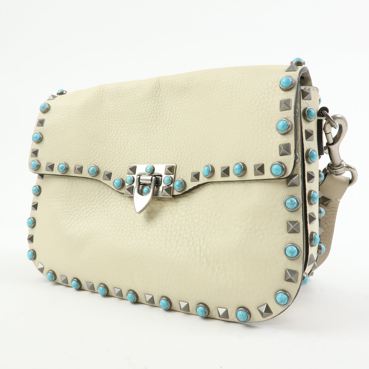 VALENTINO Rockstuds Rolling Guitar Strap Leather Shoulder Bag Ivory