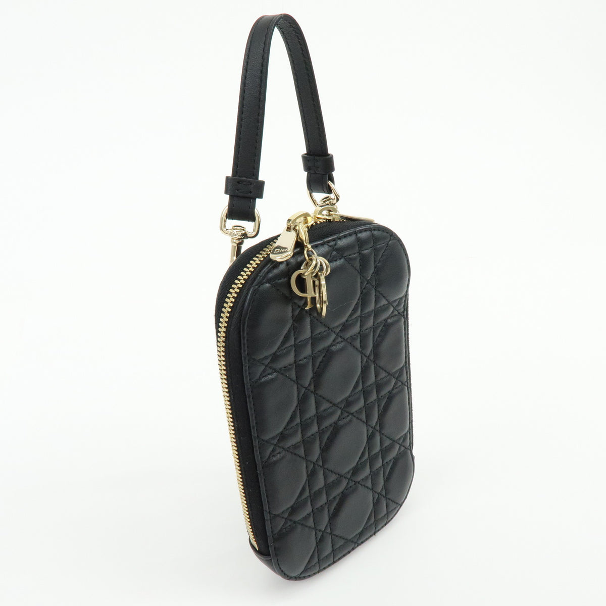Christian Dior Cannage Lamb Skin Phone Holder Phone Case Black