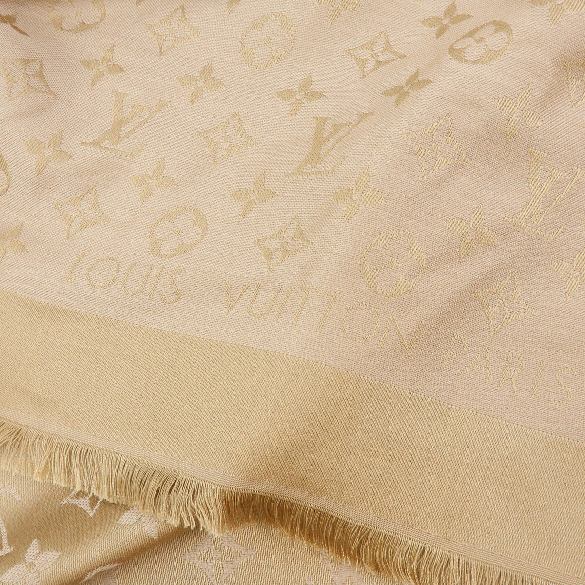 Louis Vuitton Monogram Shine Silk Wool Scarf Shawl Fringe Greige M75121