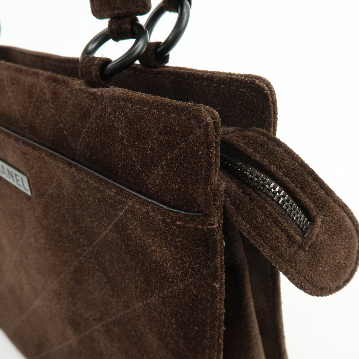 CHANEL Logo Plate Quilting Suede Leather Shoulder Bag Dark Brown Black