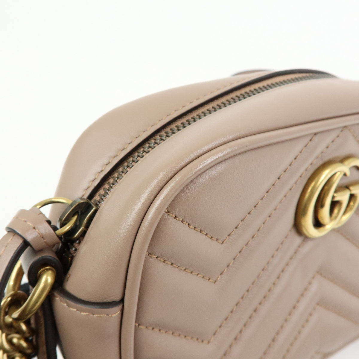 GUCCI GG Marmont Double G Leather Chain Shoulder Bag Pink Beige 448065