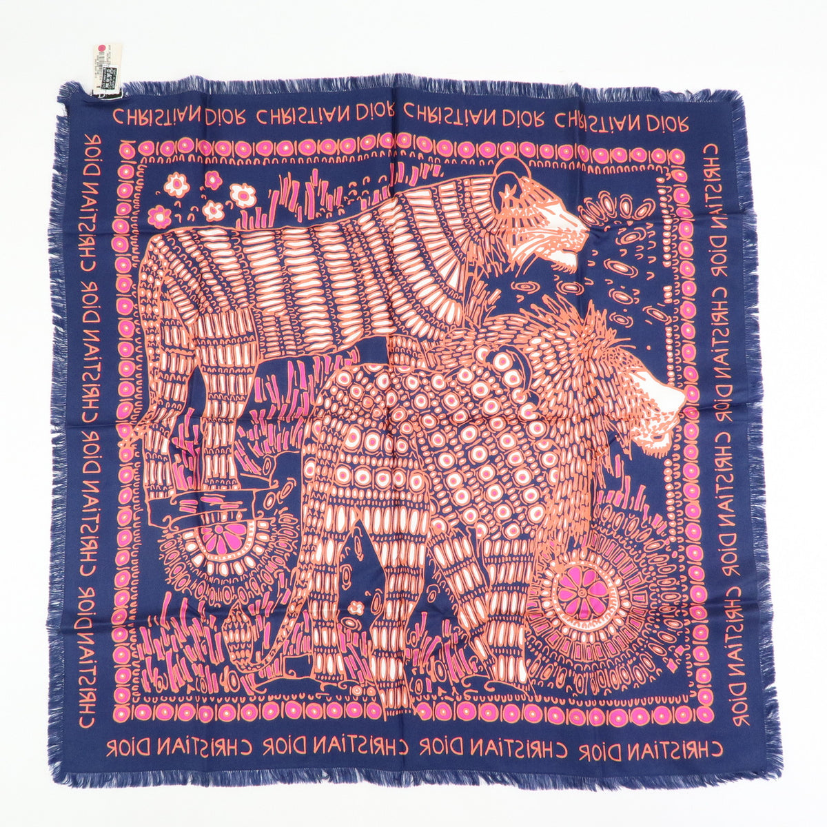 Christian Dior Silk 100% Lion Geometric pattern Scarf Navy