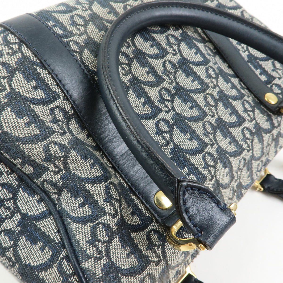 Christian Dior Trotter Jacquard Canvas Leather Boston Bag Hand Bag Navy