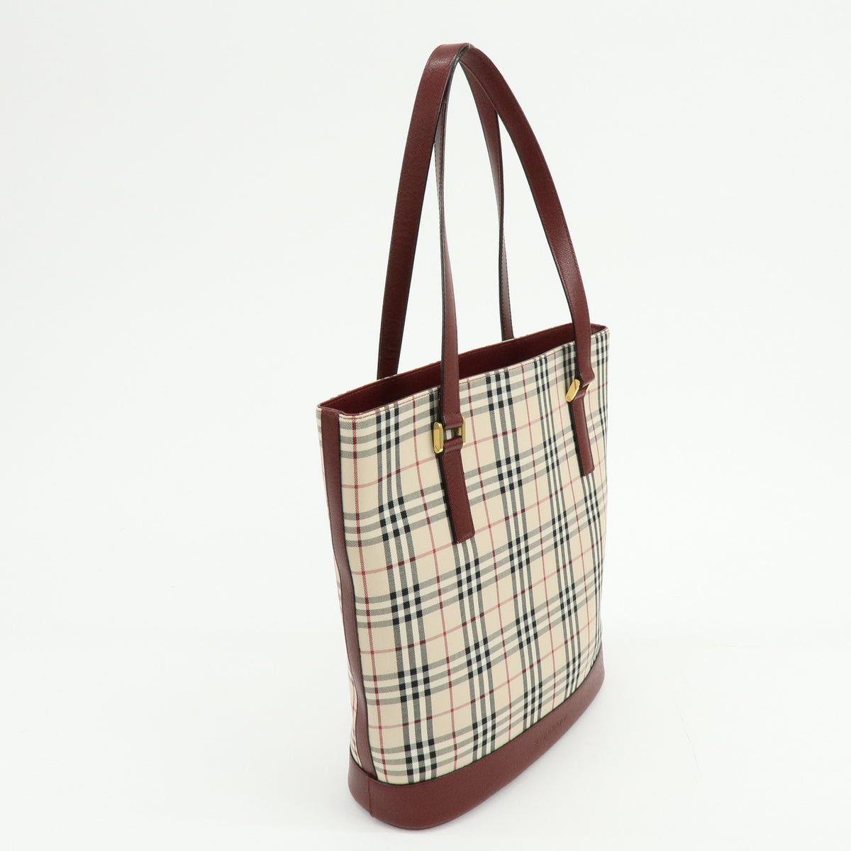 BURBERRY Nova Plaid Canvas Leather Tote Bag Shoulder Bag Beige Wine Red