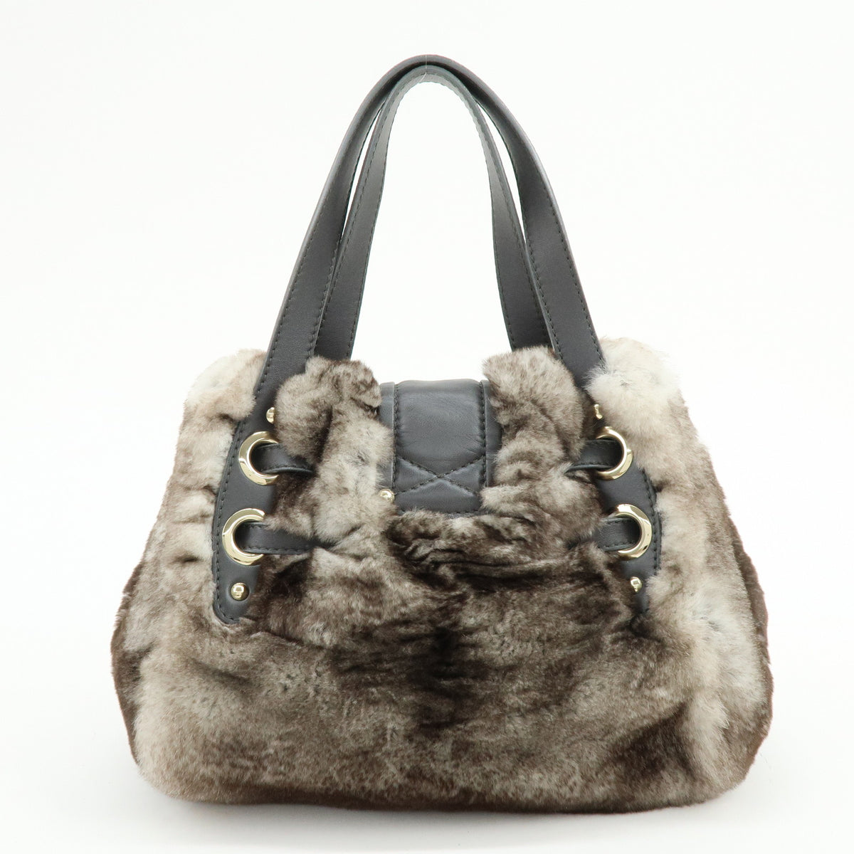 JIMMY CHOO Lapin Rabbit Fur Leather Hand Bag Tote Bag Brown Gray