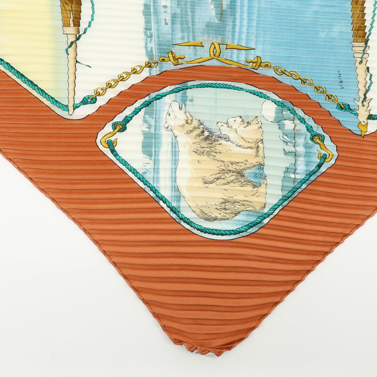 HERMES Silk100% Pleated Carre Scarf GRONLAND Brown Light Blue