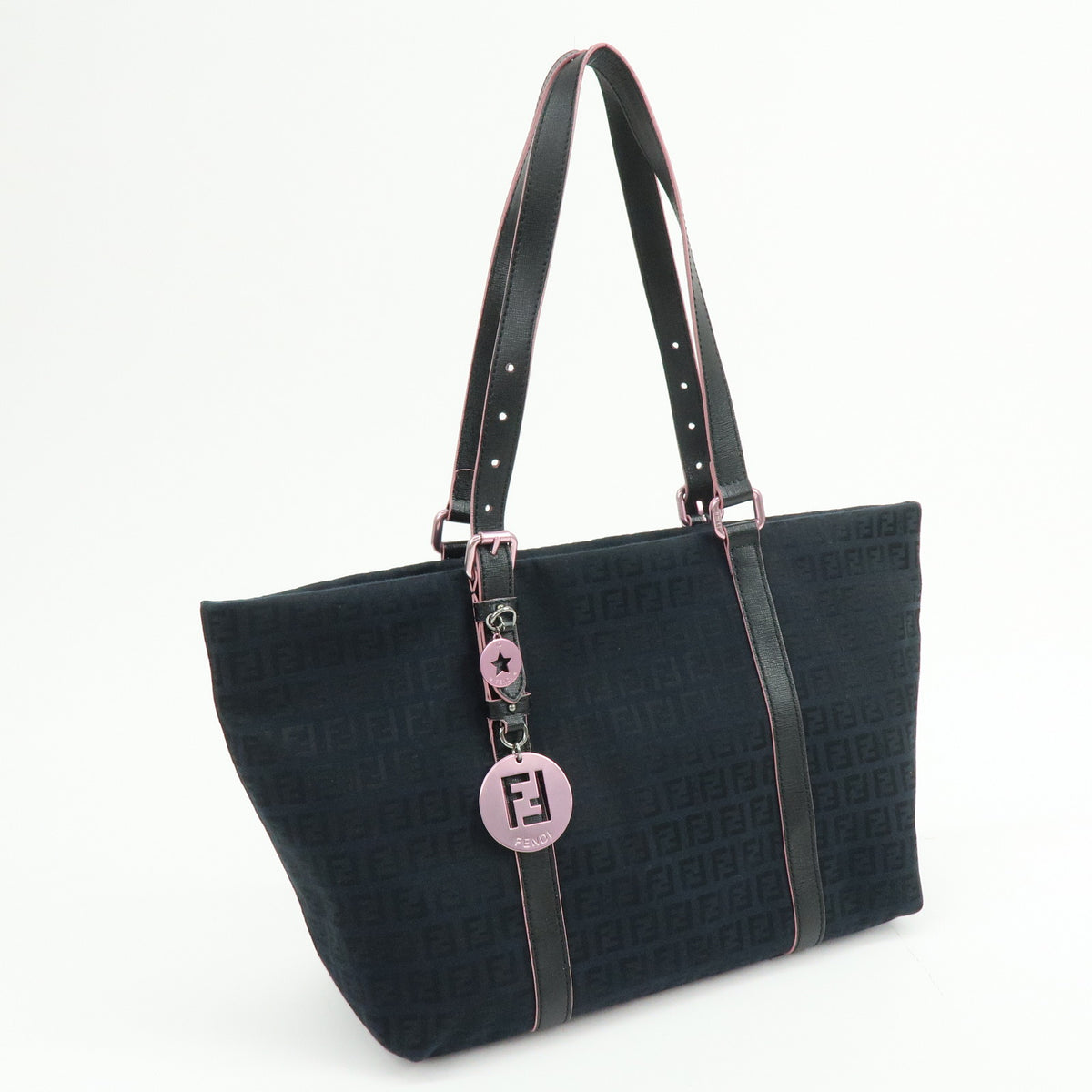 FENDI Zucchino Canvas Leather Tote Bag Shoulder Bag Black 8BH215