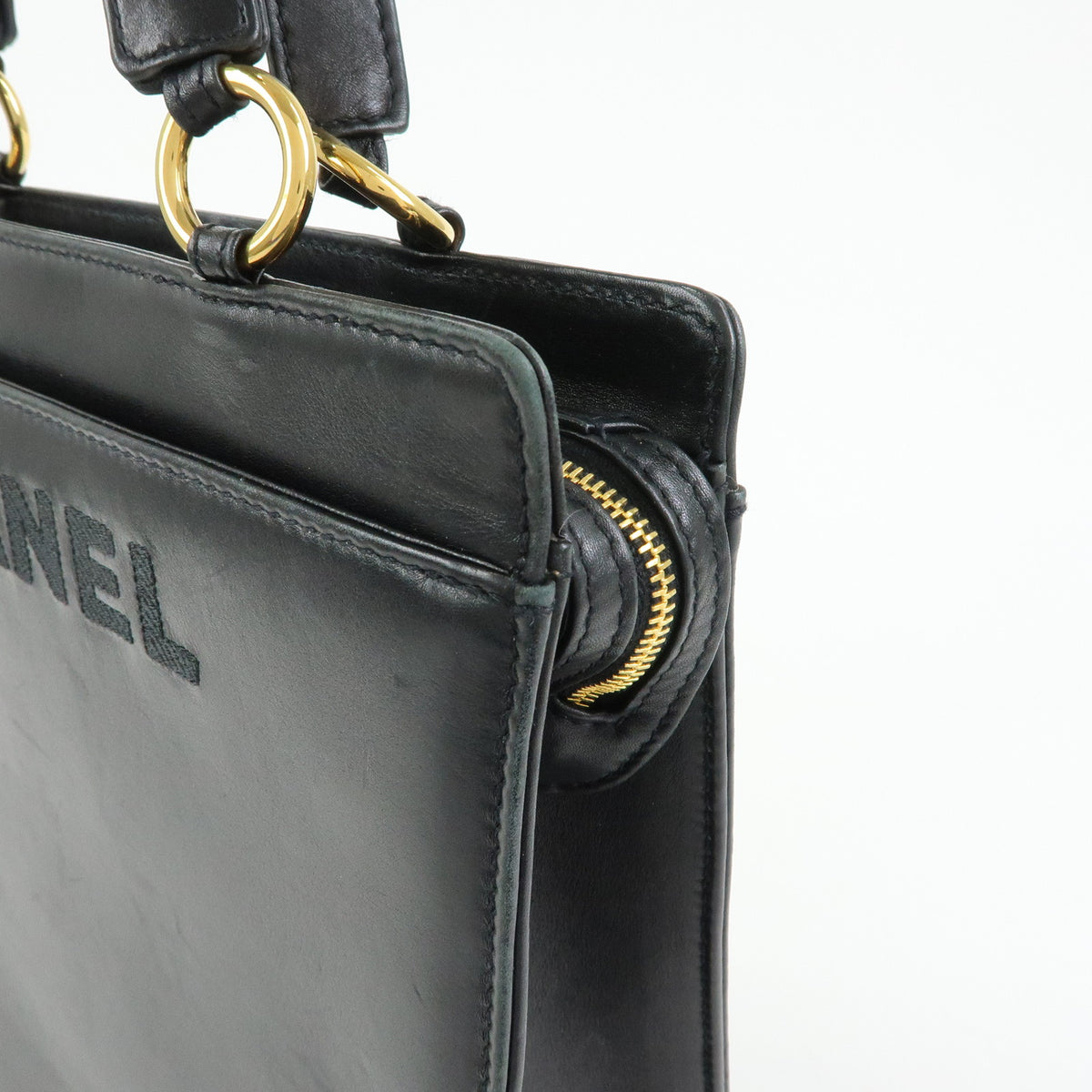 CHANEL Logo Lamb Skin Tote Bag Hand Bag Black