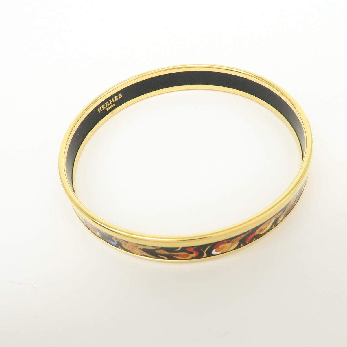 HERMES Email PM Metal Bracelet Bangle Birds Motif Black Gold