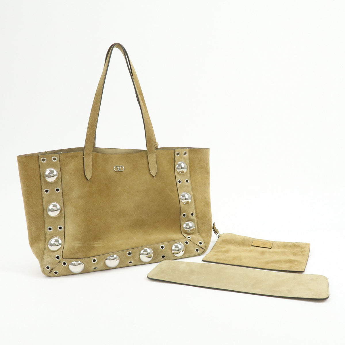 VALENTINO Suede Nellcote Tote Bag Shoulder Bag Beige Silver