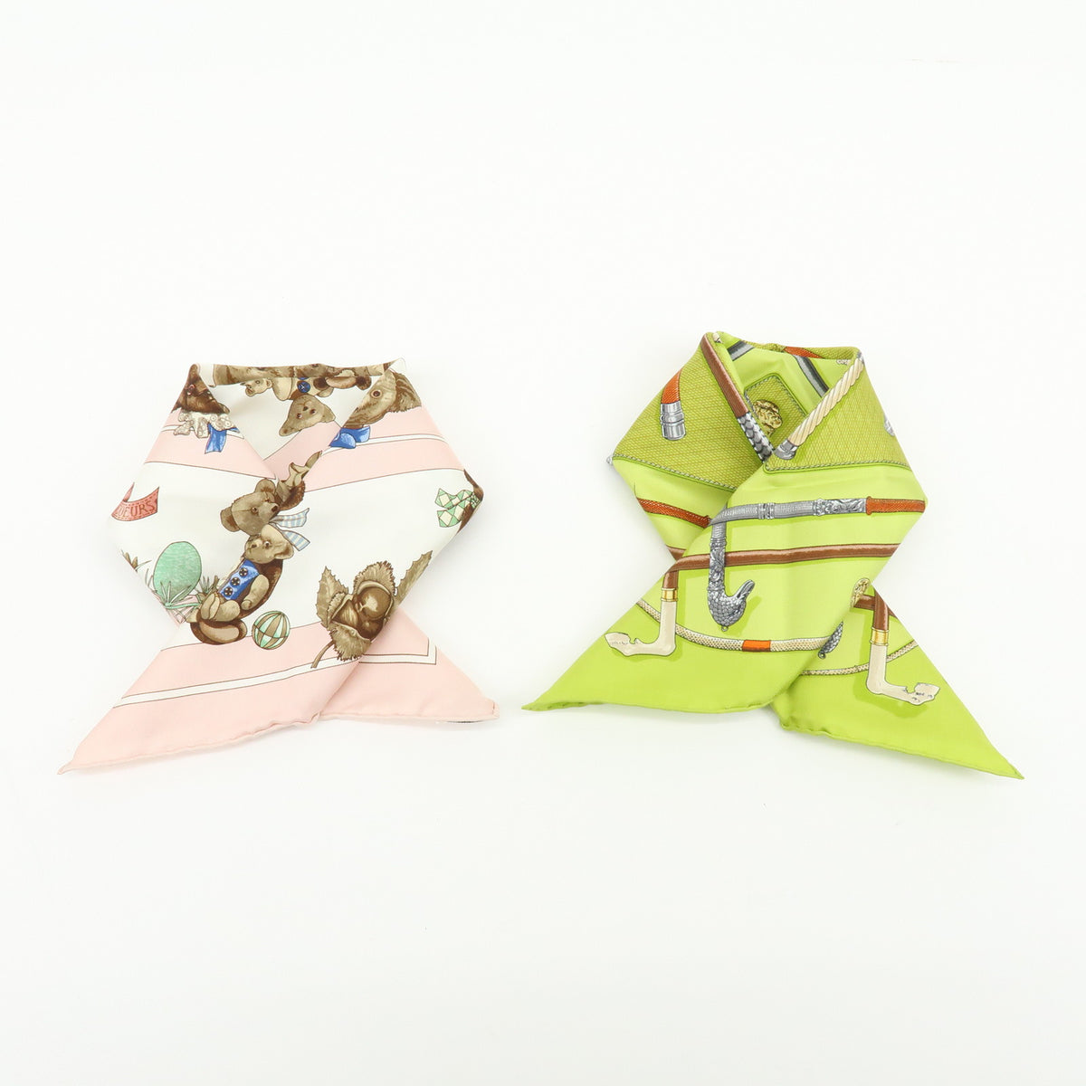 HERMES Carre 45 Lot of 2 Silk 100% Scarf Light Pink Light Green Brown