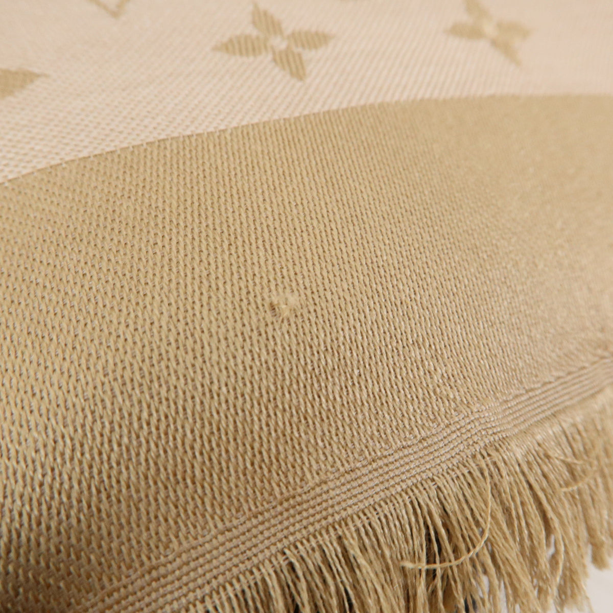 Louis Vuitton Monogram Shine Silk Wool Scarf Shawl Fringe Greige M75121