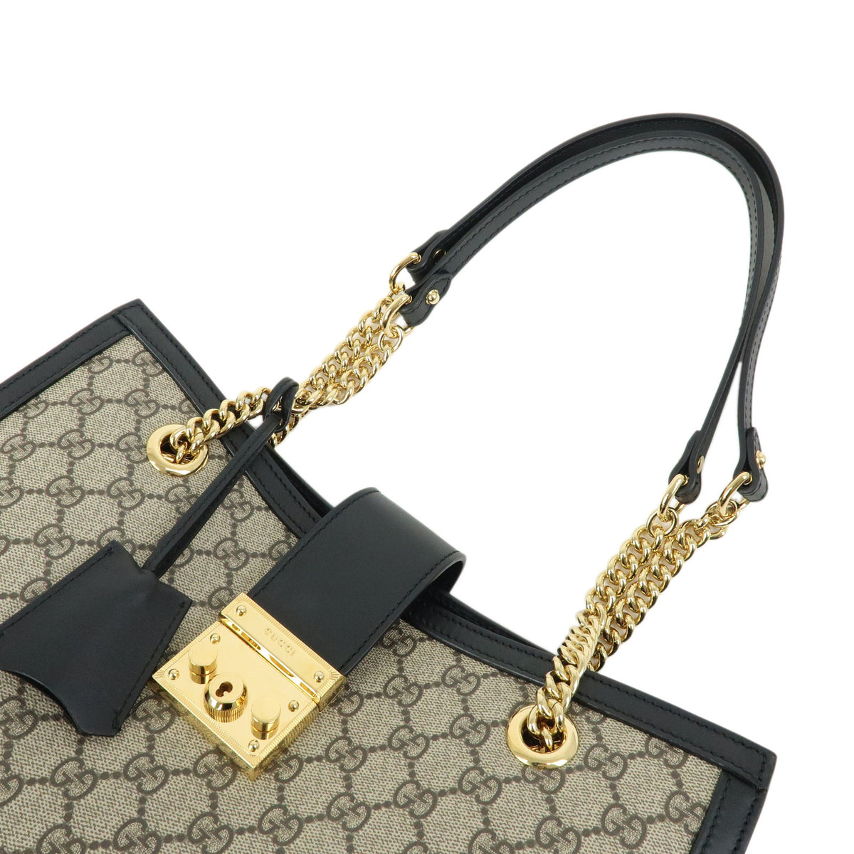 GUCCI Padlock GG Supreme Leather Chain Shoulder Bag Beige Black 479197