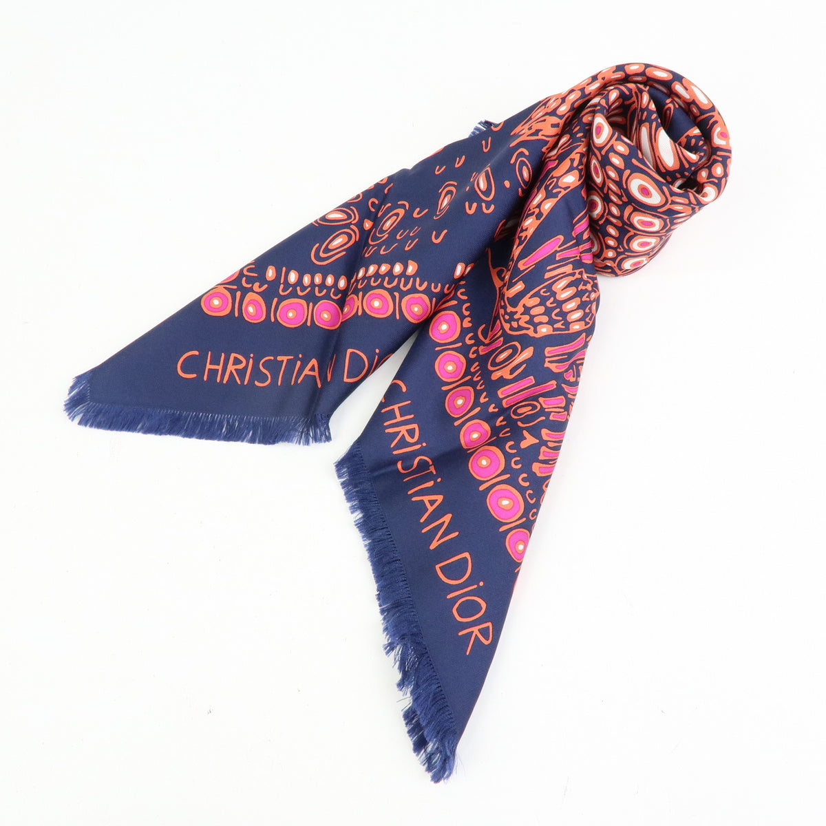 Christian Dior Silk 100% Lion Geometric pattern Scarf Navy