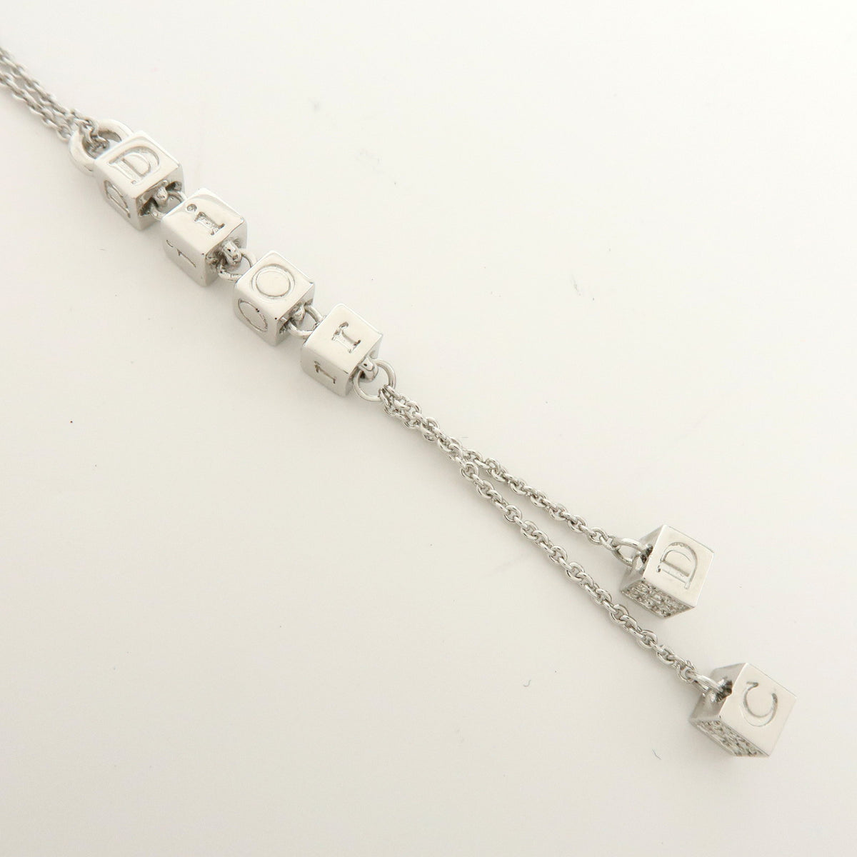 Christian Dior Metal Rhinestone Logo Cube Necklace Silver