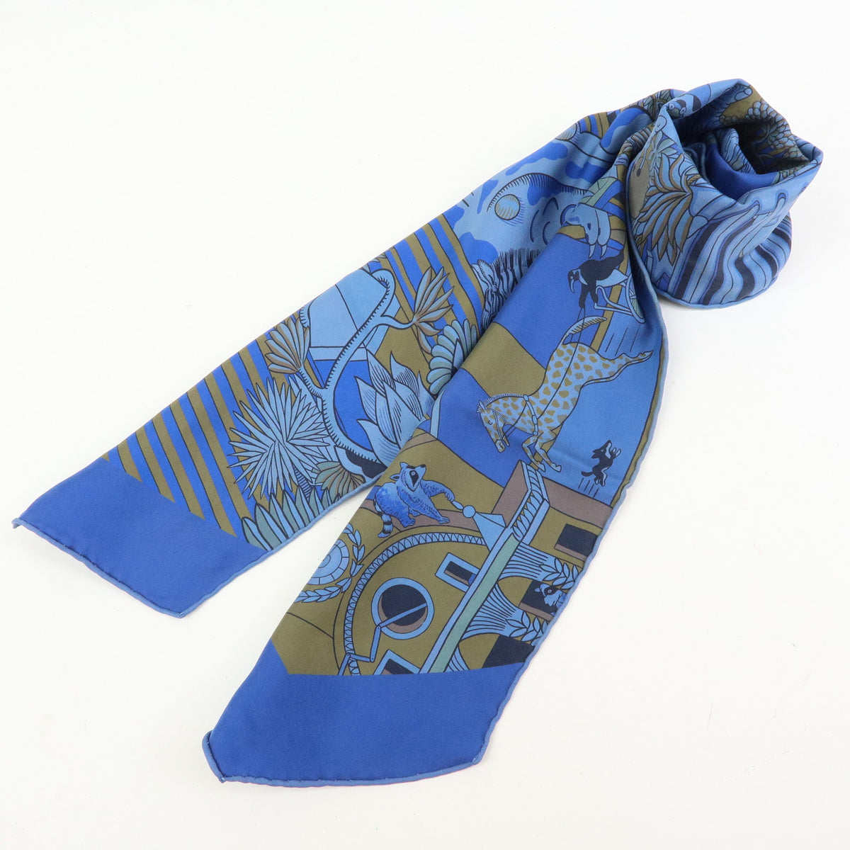 HERMES Maxi Twilly Silk 100% Scarf ANIMAPOLIS Blue Beige Black