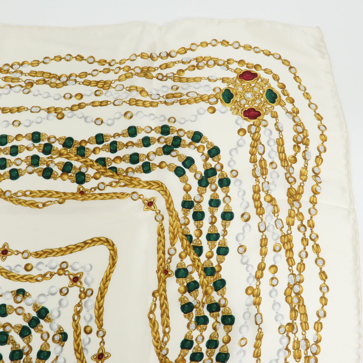 CHANEL Silk 100% Scarf Chain Print White Yellow
