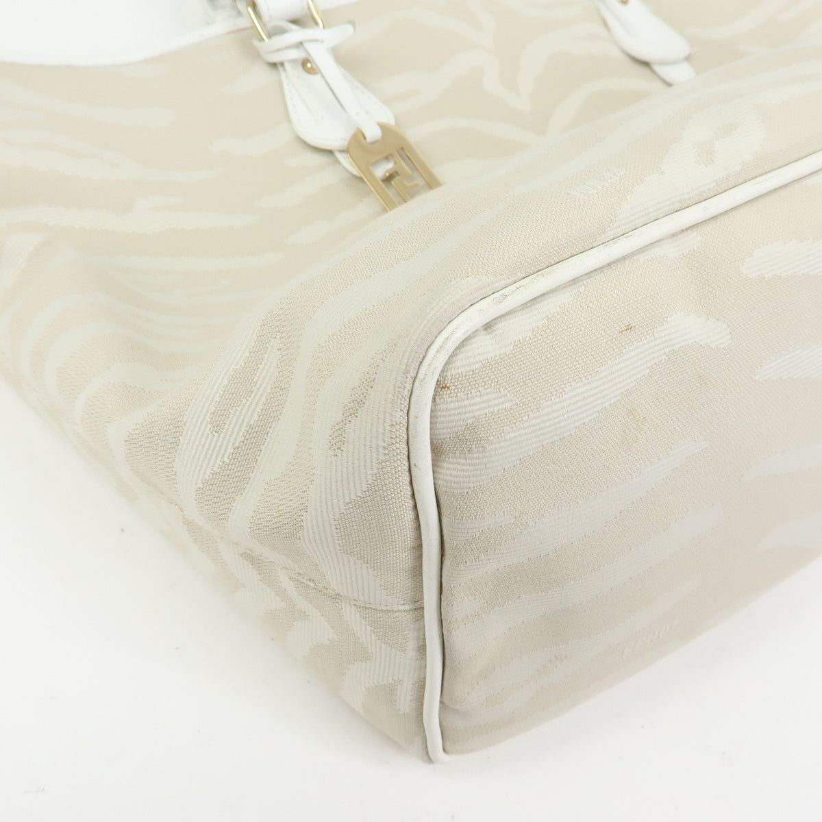 FENDI Canvas Leather Zebra Pattern Tote Bag Hand Bag Beige White 8BH115