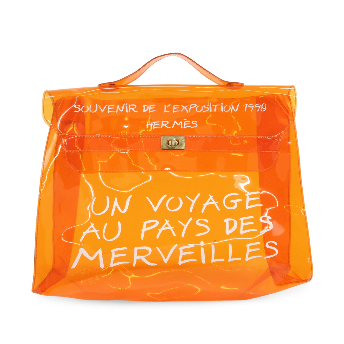 HERMES Kelly Vinyl Turn-Lock Hand Bag Clear Orange