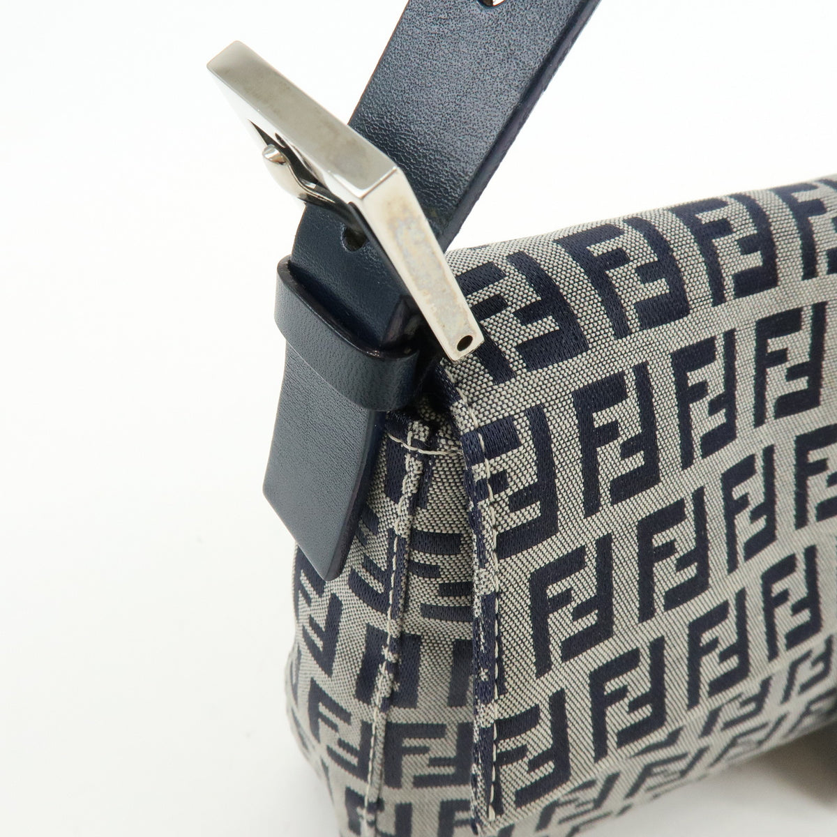 FENDI Mamma Baguette Zucchino Canvas Leather Shoulder Bag Navy 26424