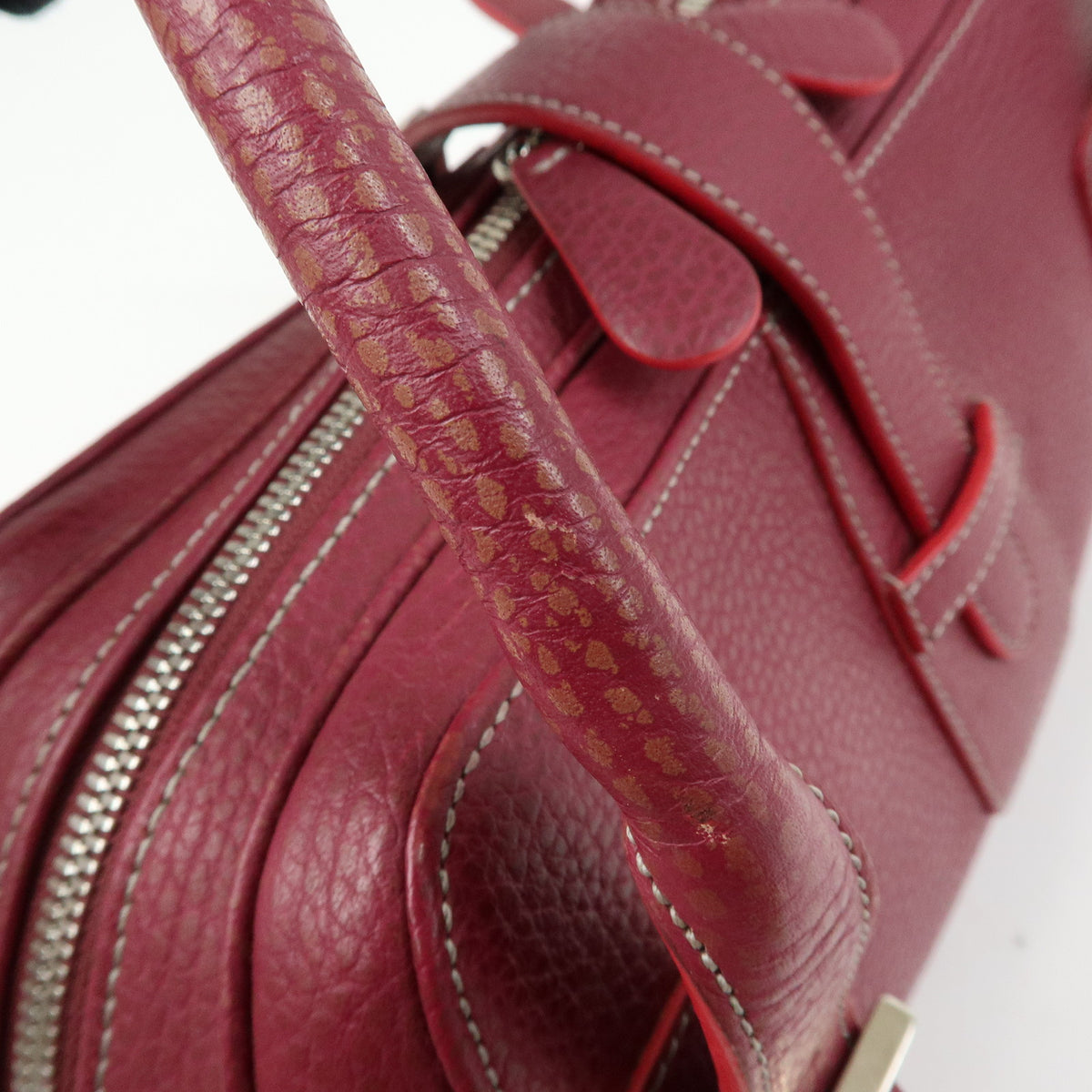 LOEWE Senda Leather Boston Bag Hand Bag Buckle Design Bordeaux