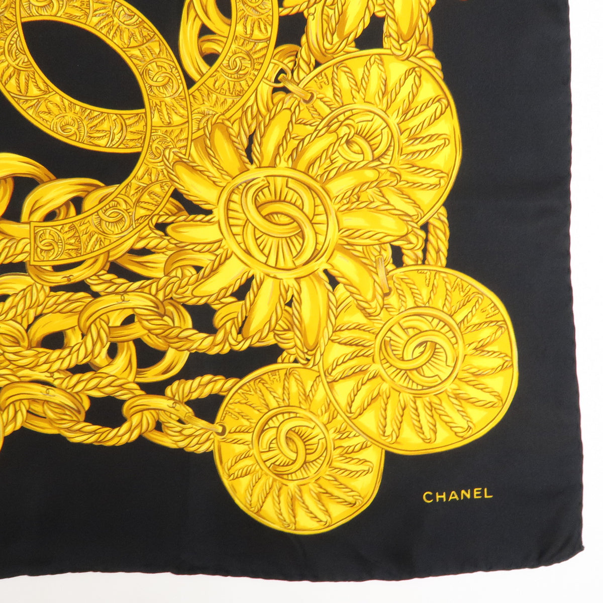 CHANEL COCO Mark Silk 100% Scarf Chain Black Gold