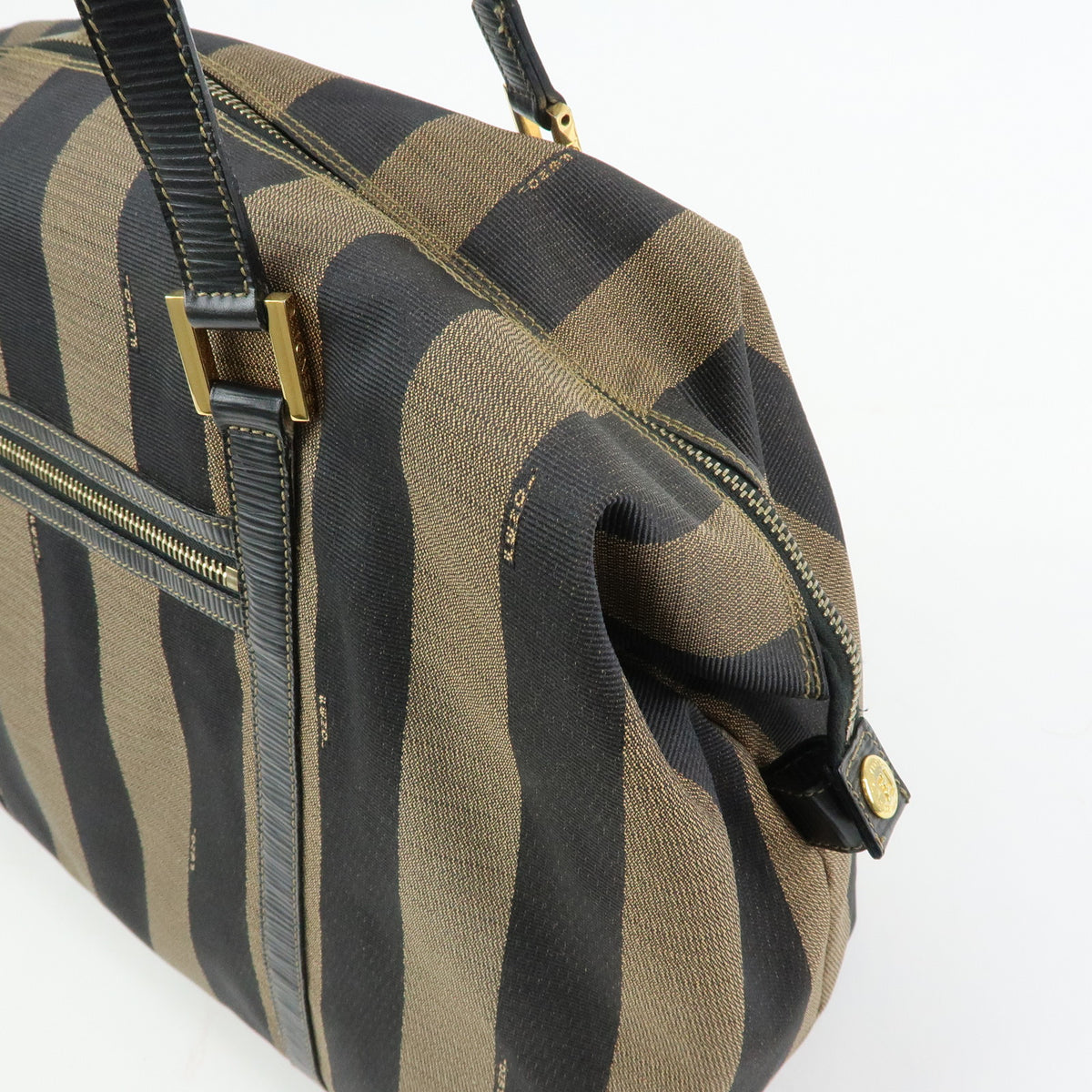 FENDI Pequin Jacquard Canvas Leather Tote Bag Brown Black 26323