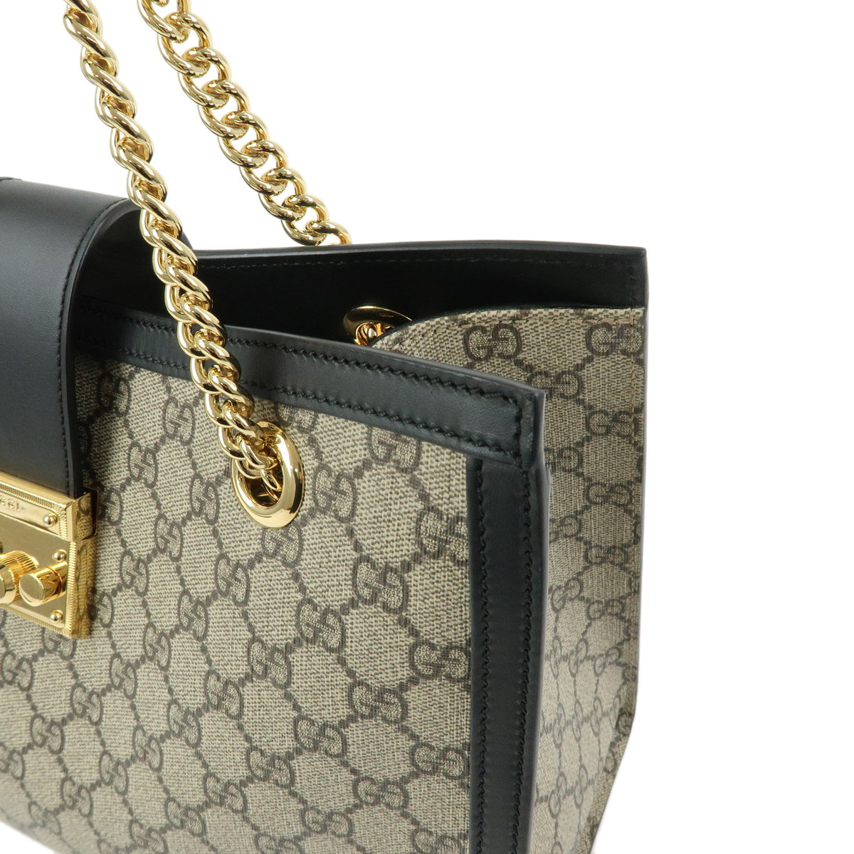 GUCCI Padlock GG Supreme Leather Chain Shoulder Bag Beige Black 479197