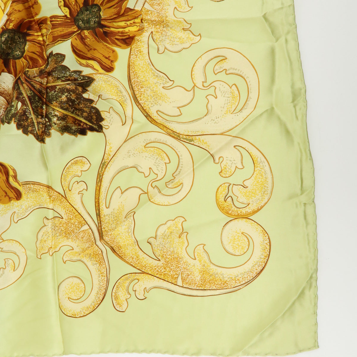 CHANEL Silk100% Sunflower Pattern Scarf Shawl Light Green