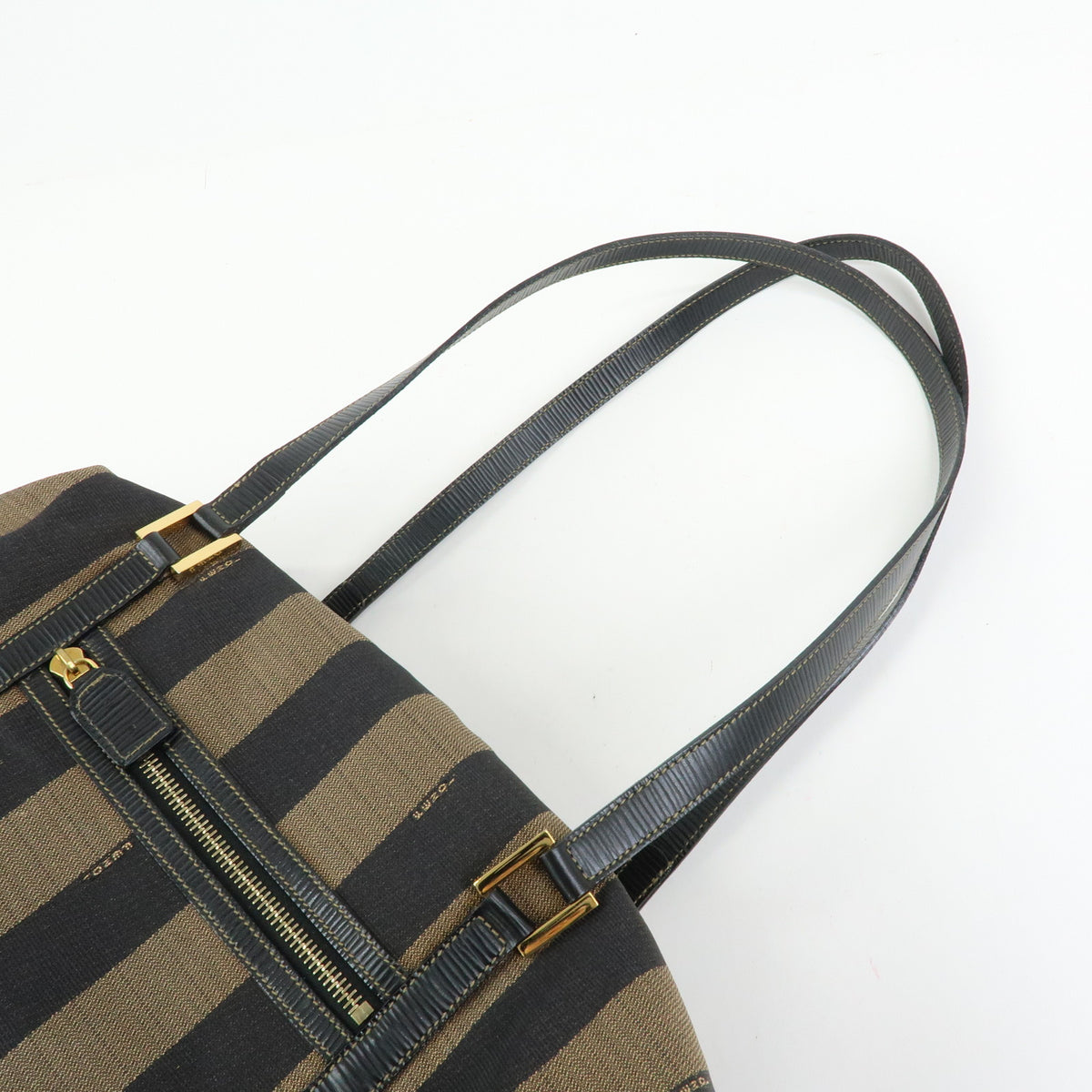FENDI Pequin Jacquard Canvas Leather Tote Bag Brown Black 26323
