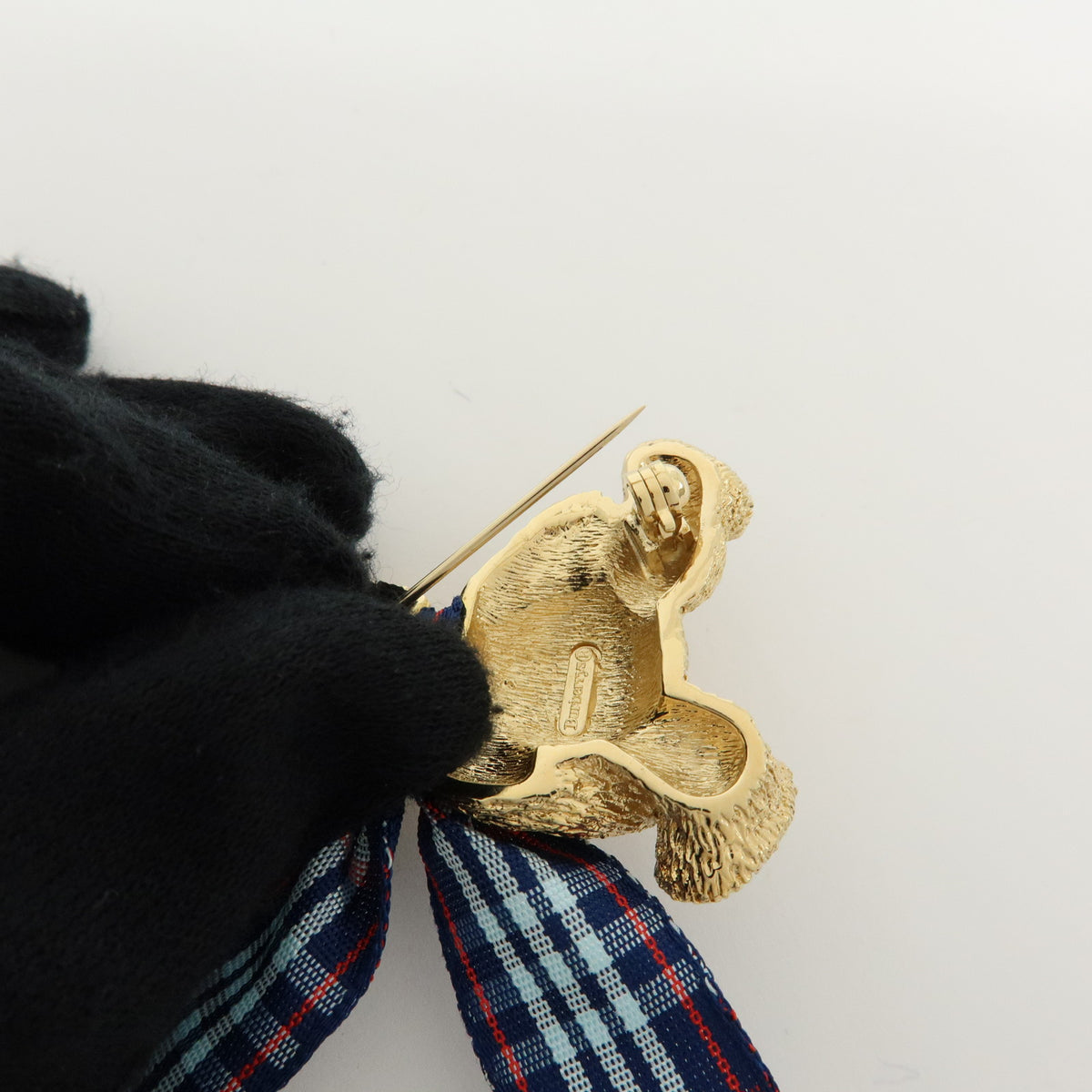 BURBERRY Teddy Bear With Plaid Ribbon Metal Pin Brooch Gold