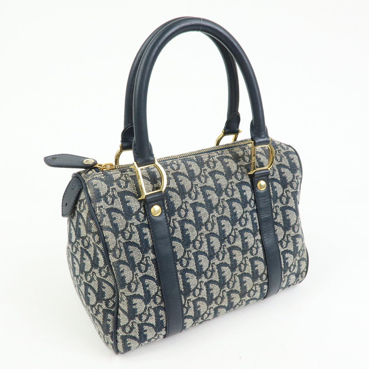 Christian Dior Trotter Jacquard Canvas Leather Boston Bag Hand Bag Navy