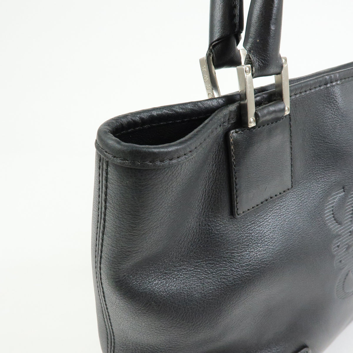 LOEWE Anagram Amazona Fusta Leather Tote Bag Hand Bag Black Silver