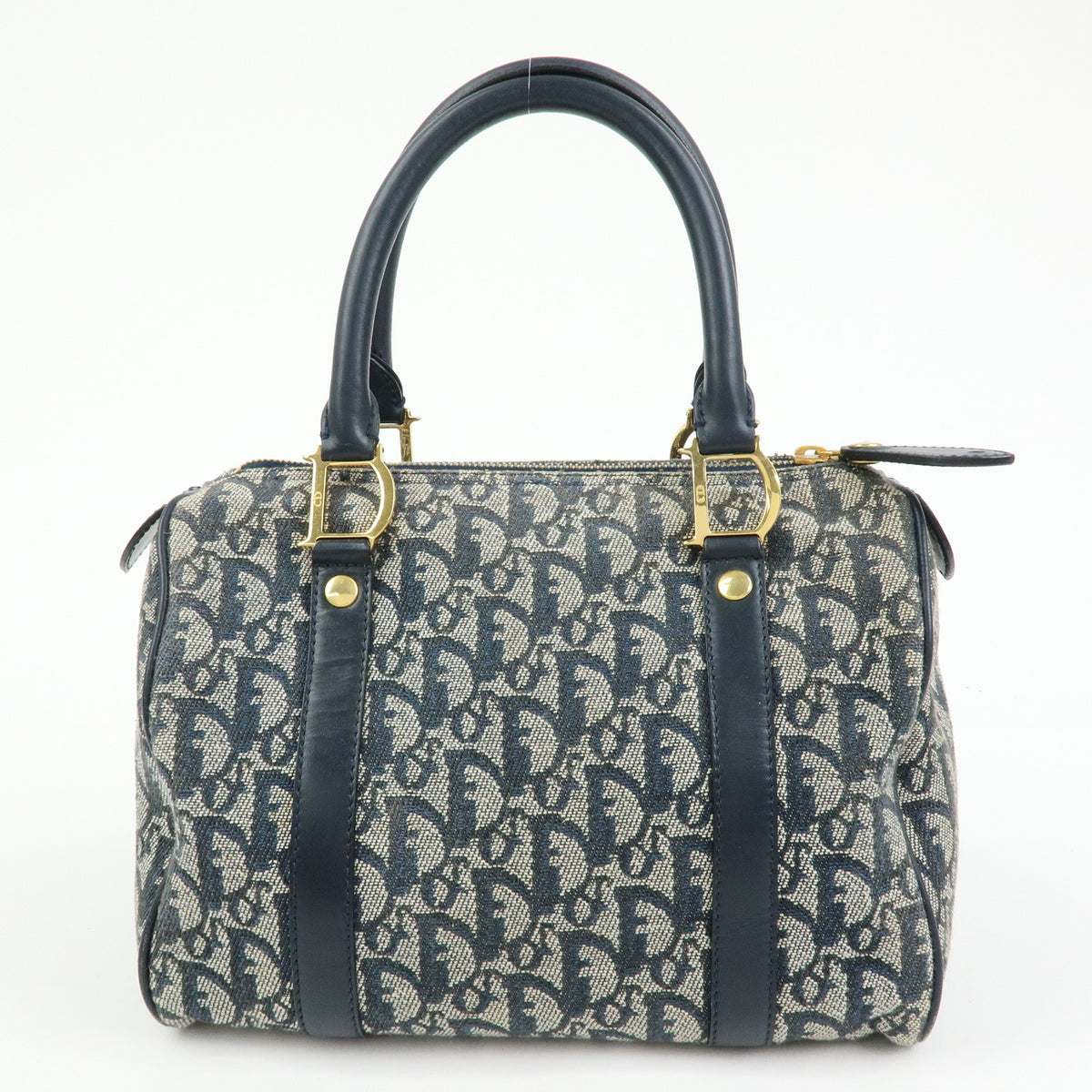 Christian Dior Trotter Jacquard Canvas Leather Boston Bag Hand Bag Navy