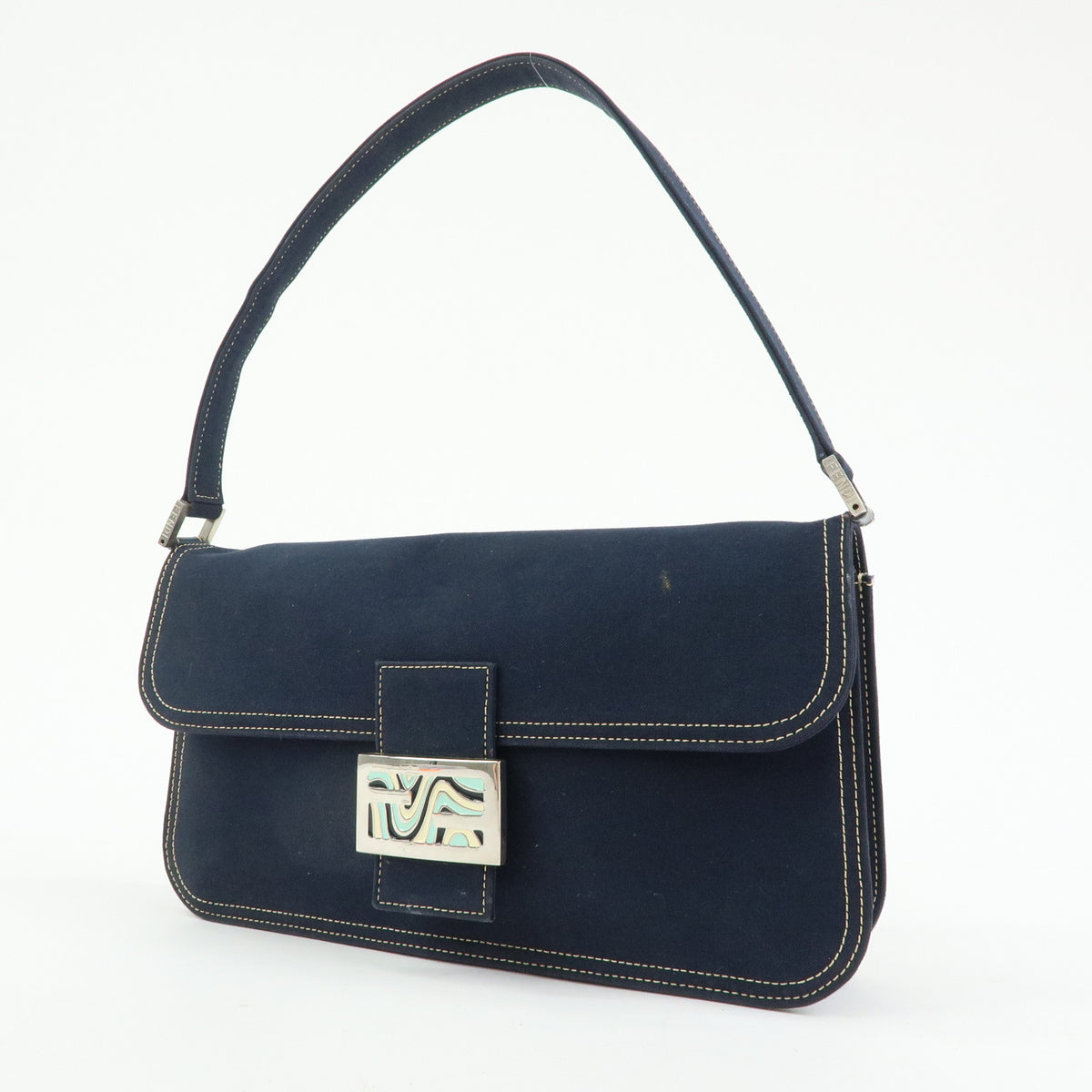 FENDI Mamma Baguette Canvas Shoulder Bag Hand Bag Navy 26424
