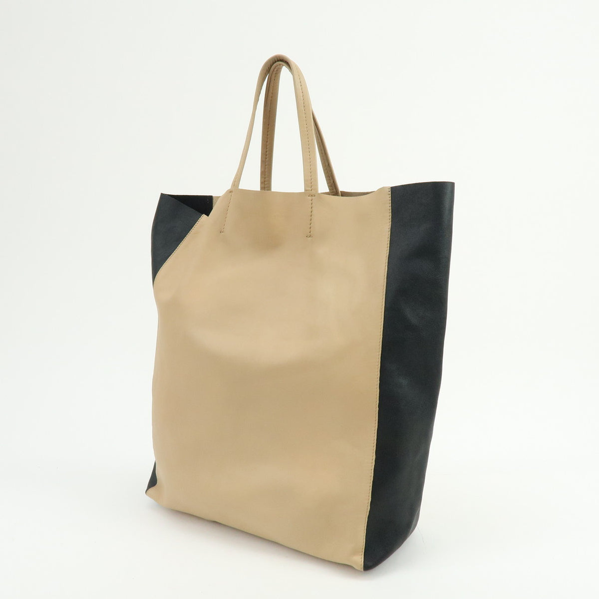 CELINE Horizontal Cabas Leather Tote Bag Hand Bag Beige Black