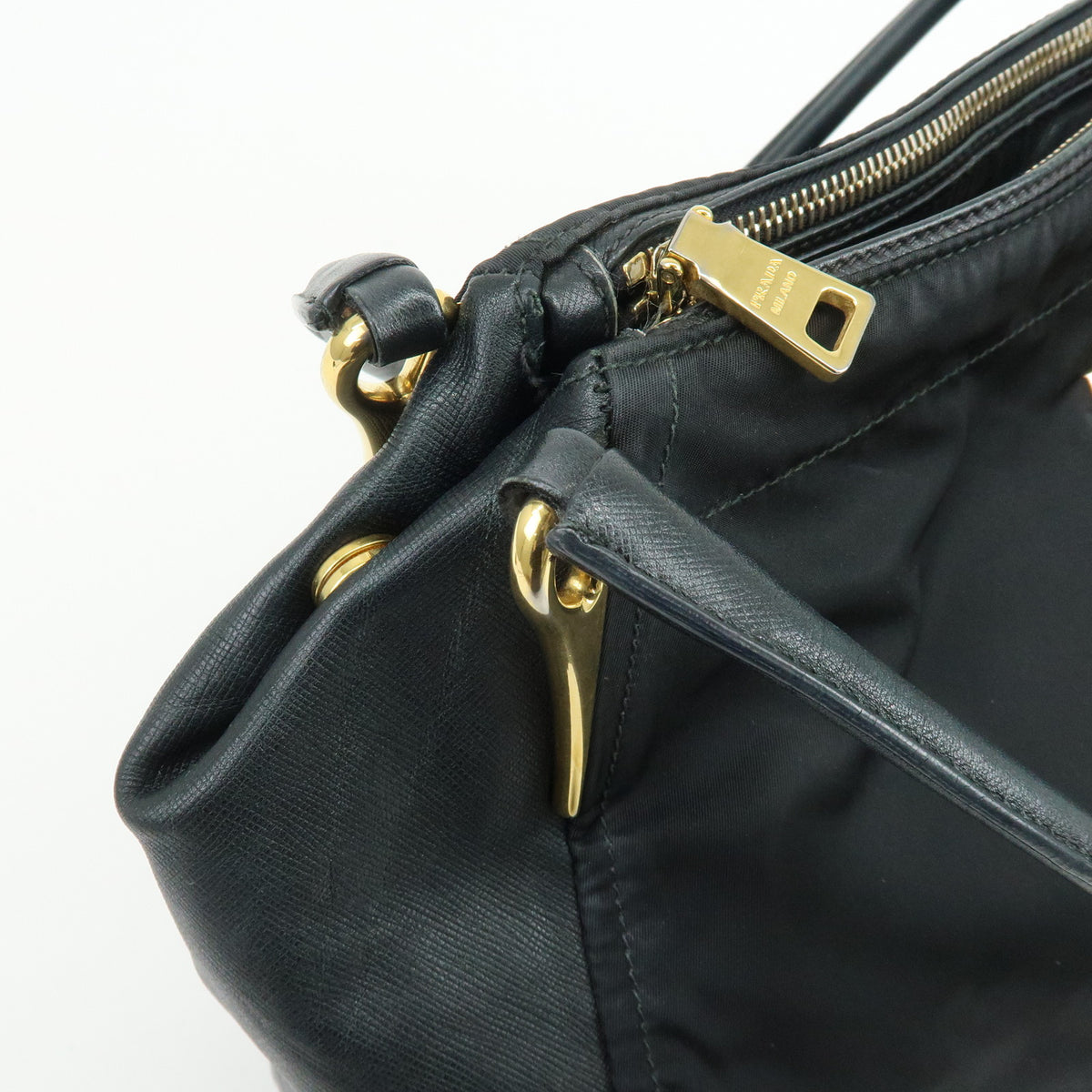 PRADA Nylon Saffiano Leather Shoulder Bag Hand Bag Black