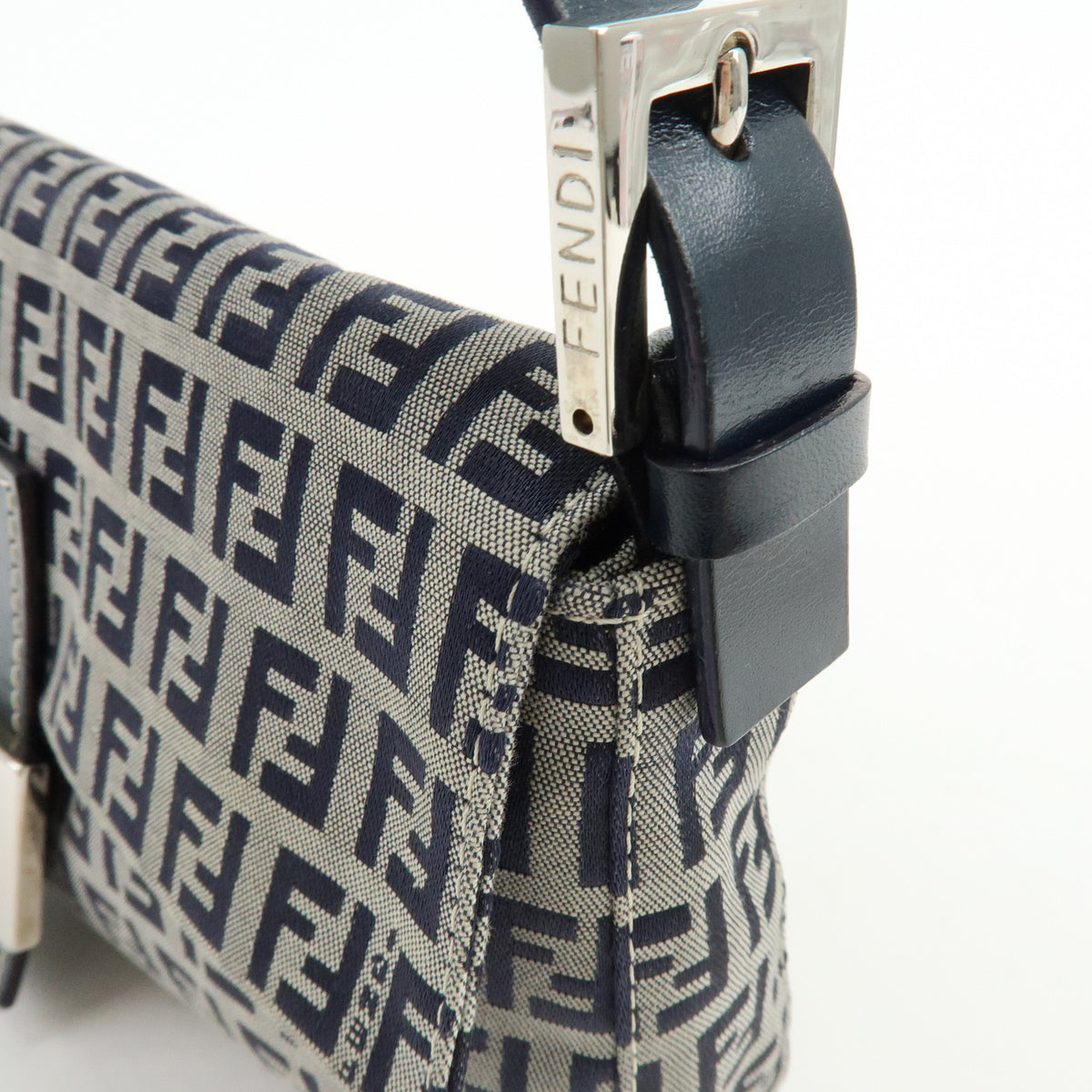 FENDI Mamma Baguette Zucchino Canvas Leather Shoulder Bag Navy 26424