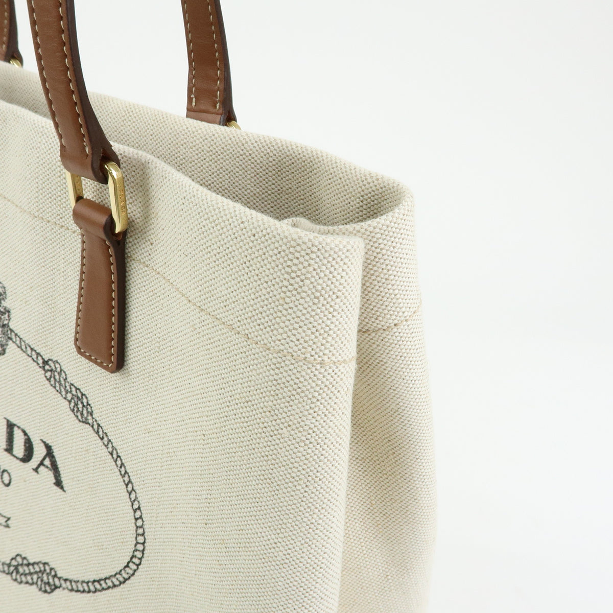 PRADA Logo Linen Leather Tote Bag Shoulder Bag Natural Brown 1BG356