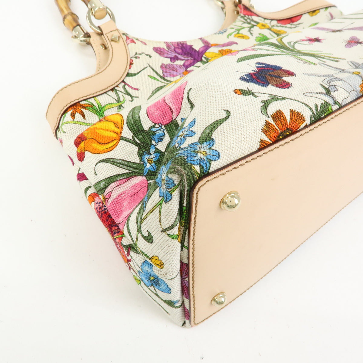 GUCCI Flora Bamboo Canvas Leather Shoulder Bag Hand Bag 137395