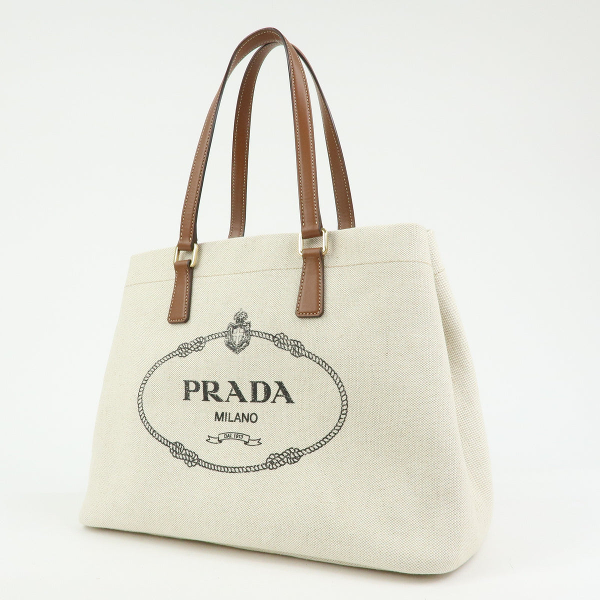PRADA Logo Linen Leather Tote Bag Shoulder Bag Natural Brown 1BG356