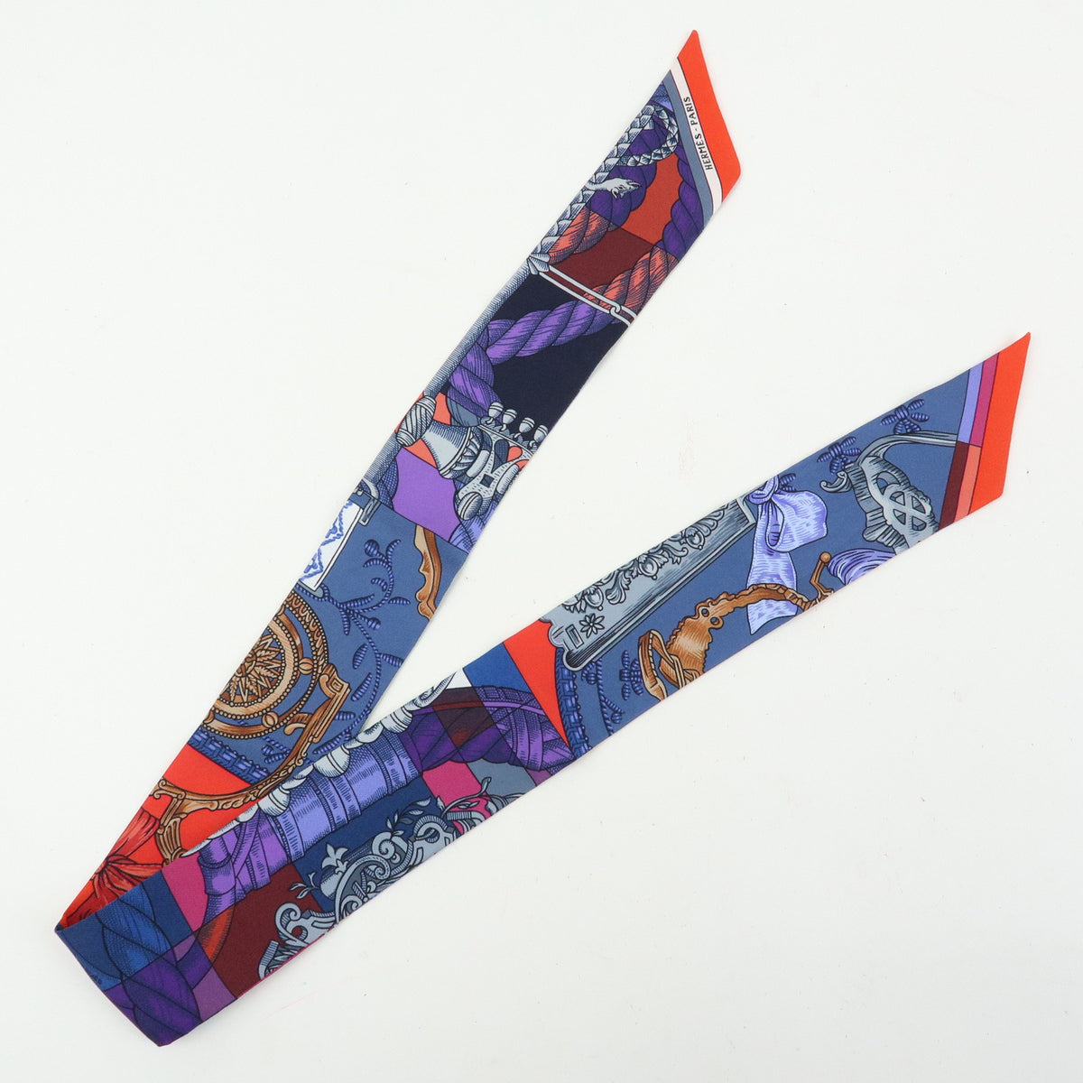 HERMES Twilly Silk 100% Scarf CAVALLERIA D ETRIERS Red Purple Blue