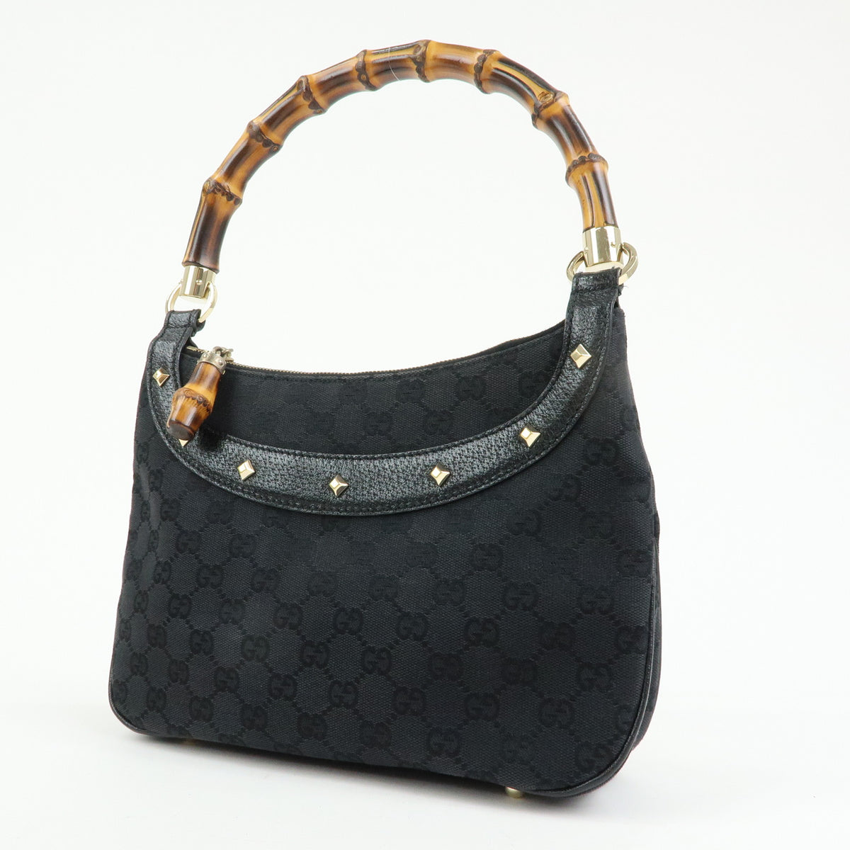GUCCI Bamboo GG Canvas Leather Hand Bag Black 137378