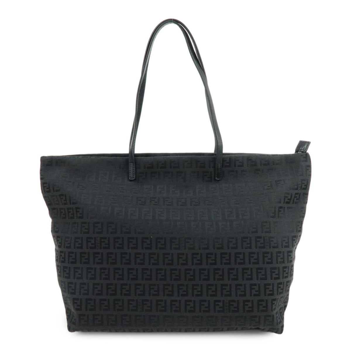 FENDI Zucchino Jacquard Canvas Leather Tote Bag Hand Bag Black 8BH025