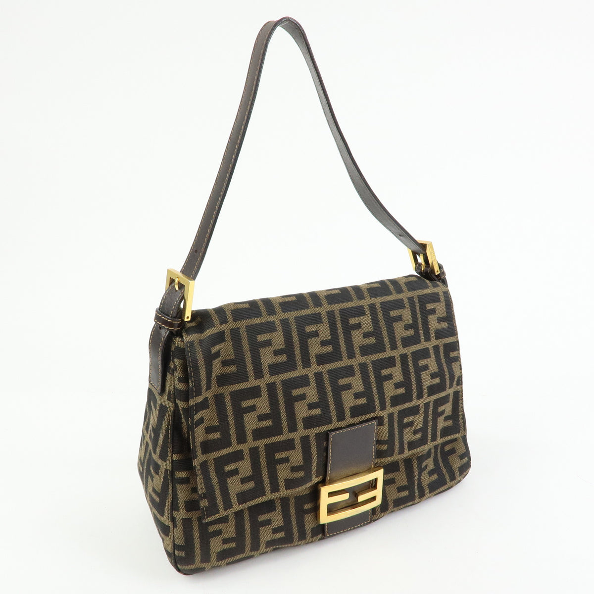 FENDI Zucca Mamma Baguette Canvas Leather Shoulder Bag Brown Gold 26325