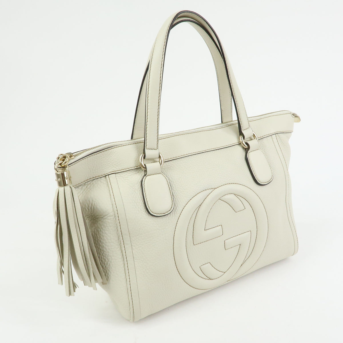 GUCCI Soho Interlocking G Leather Tote Bag Hand Bag Tassel Ivory 282307