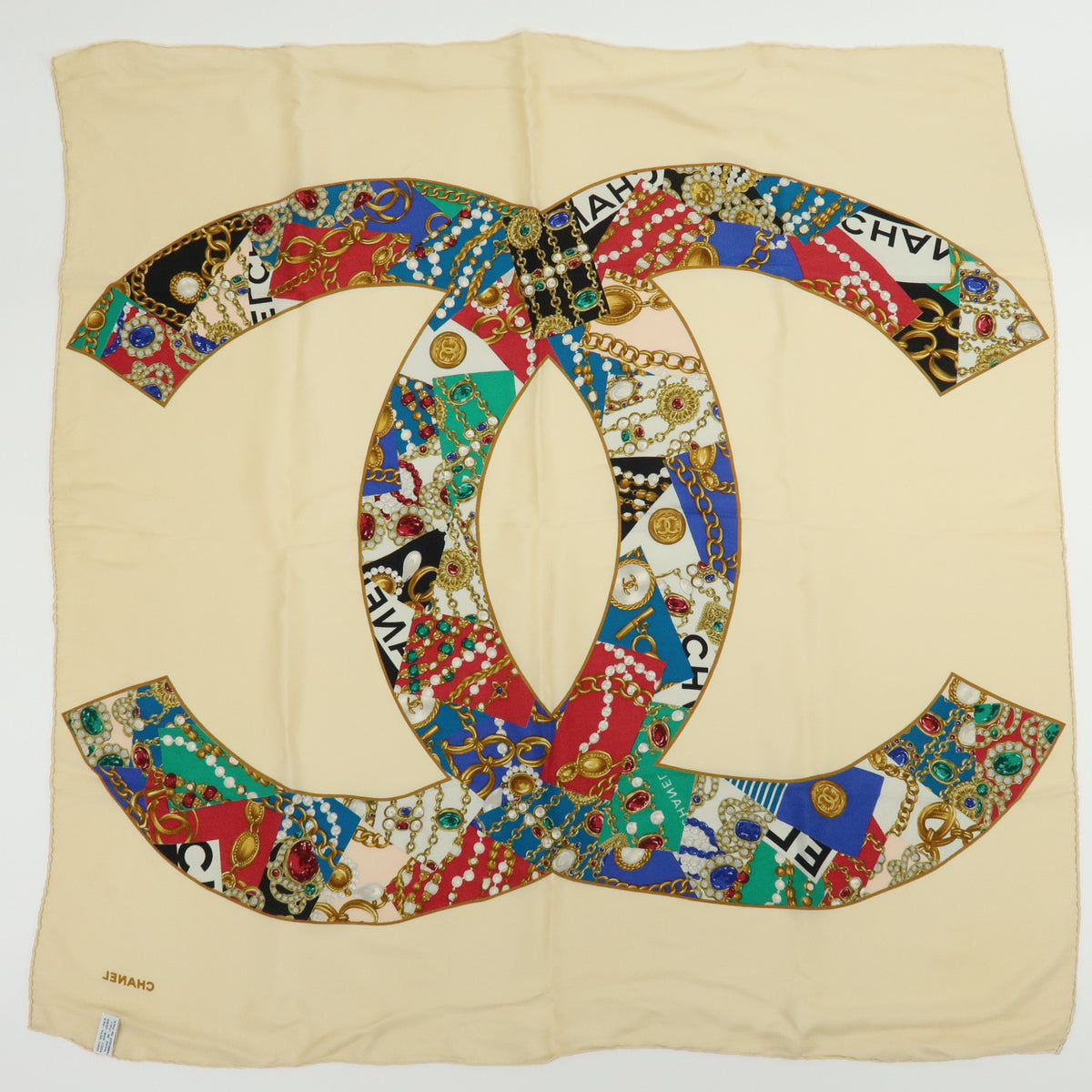 CHANEL COCO Mark Silk 100% Scarf Jewelry Motif Beige Multicolor