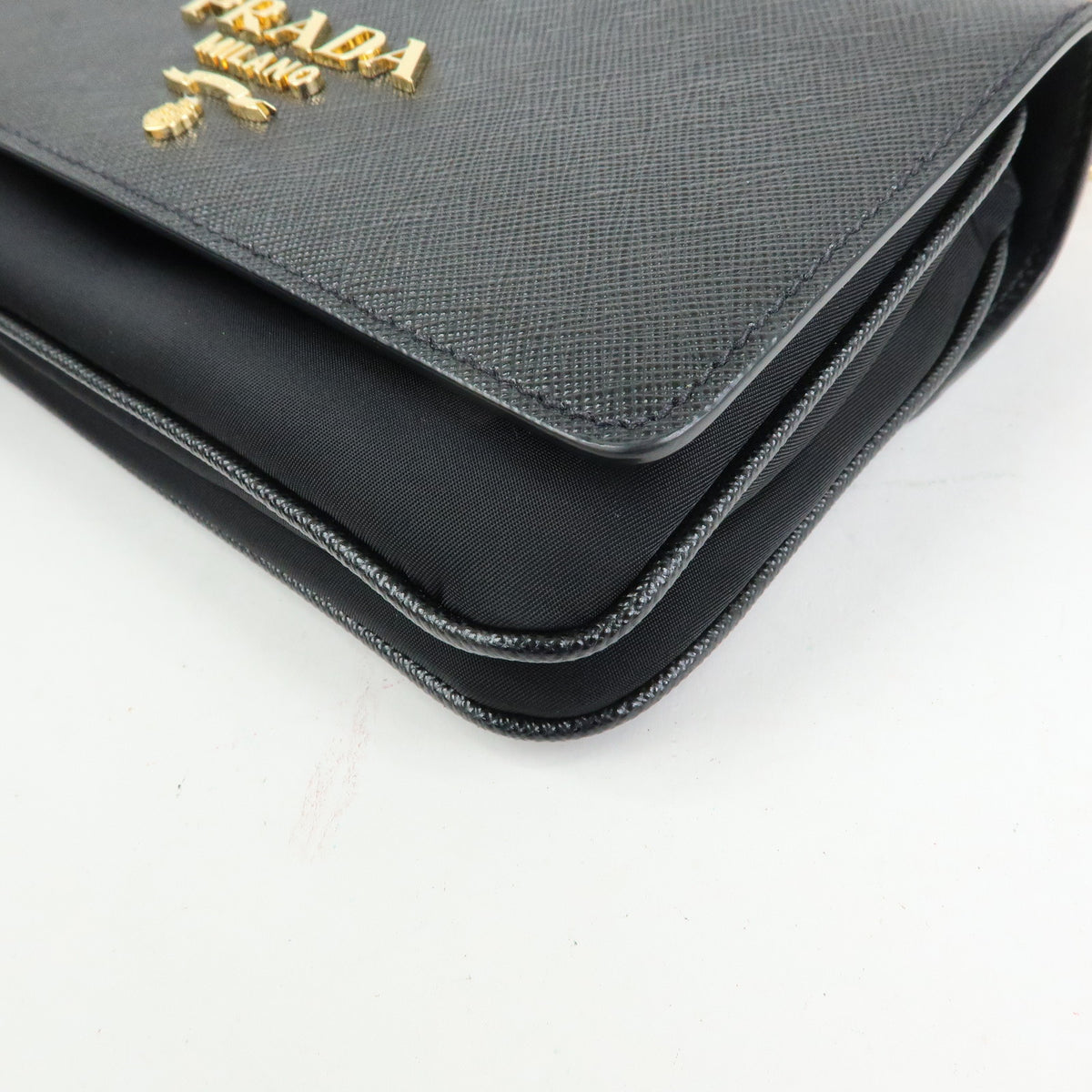 PRADA Logo Saffiano Nylon Leather Chain Shoulder Crossbody Bag Black